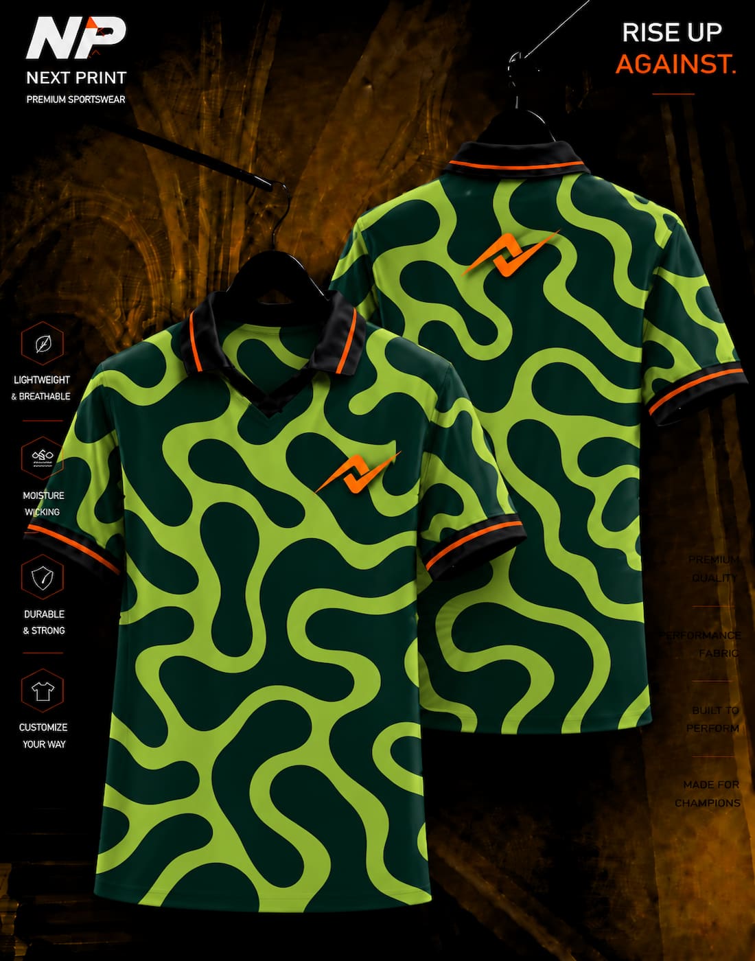 Green abstract wave sublimation polo sports jersey with front and back view by Next Print