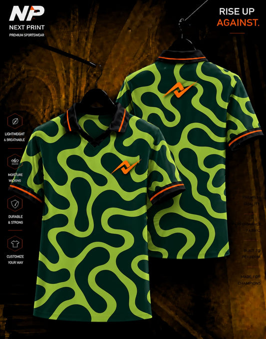 Green abstract wave sublimation polo sports jersey with front and back view by Next Print
