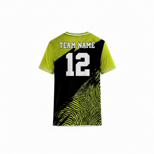 Green and black custom sports jersey back view with abstract topographic pattern design for cricket football badminton and esports teams by NextPrint