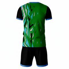 Premium green black sportswear jersey and shorts set side angle view