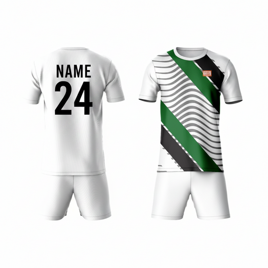 Green black sports t-shirt with white shorts back view for men