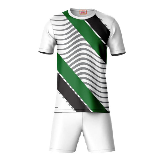 Green black sports t-shirt with white shorts coord set front view for men