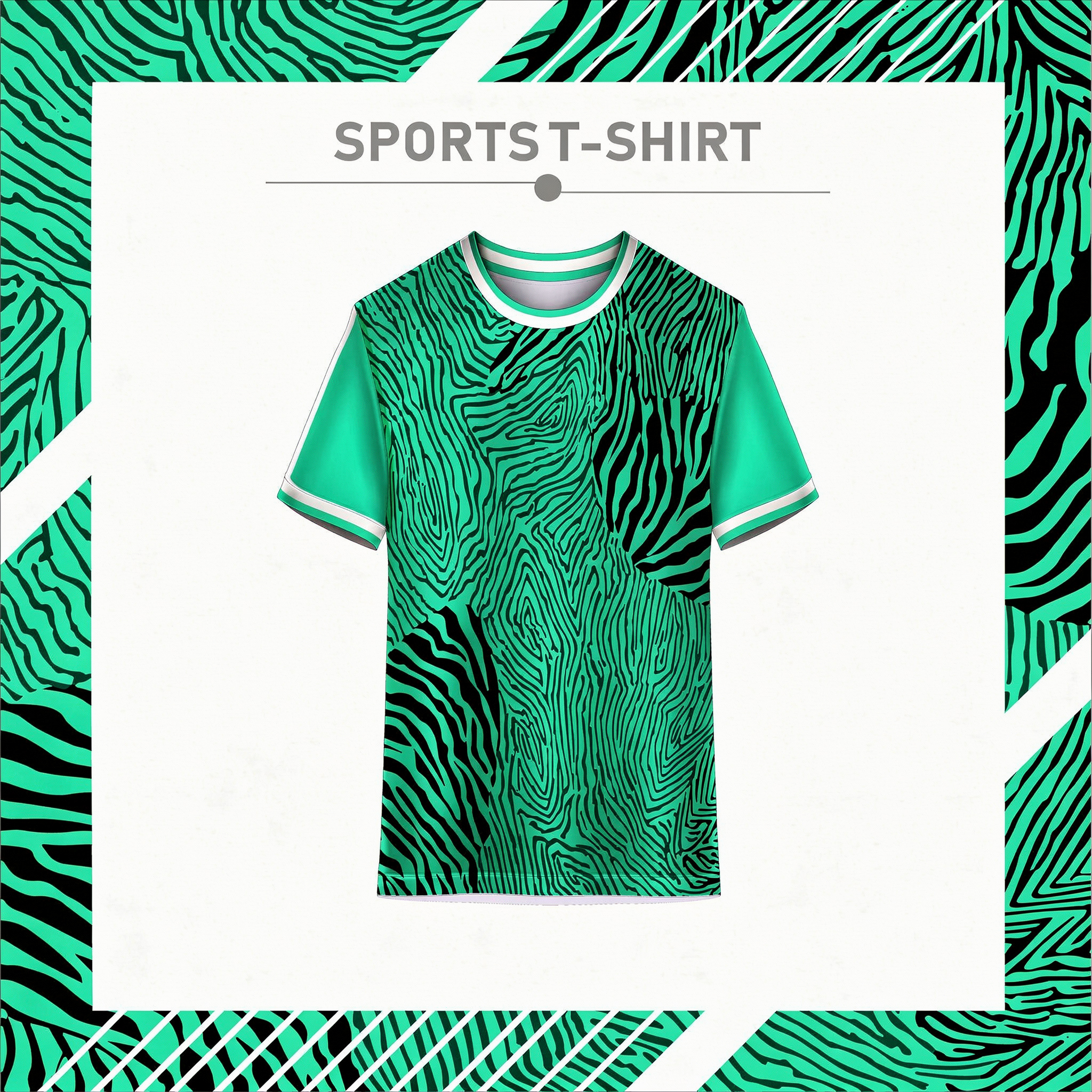 Green and black zebra print sports t-shirt front view