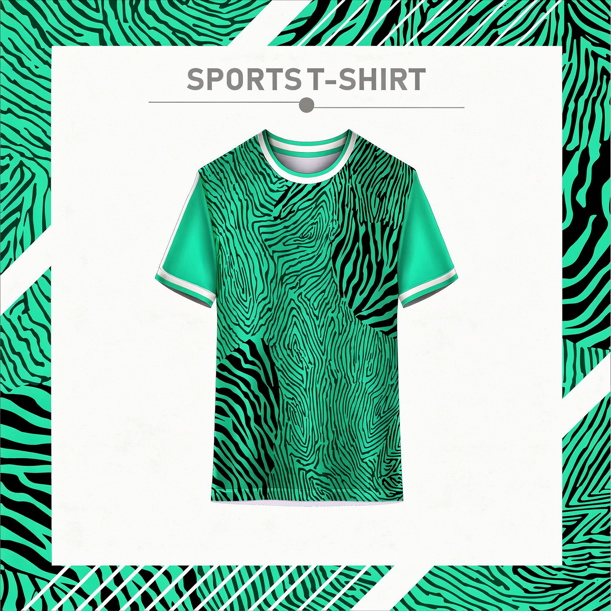 Green and black zebra print sports t-shirt front view