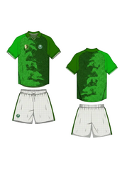 Green custom team cricket jersey with white shorts personalized uniform India front and back view with modern camouflage pattern