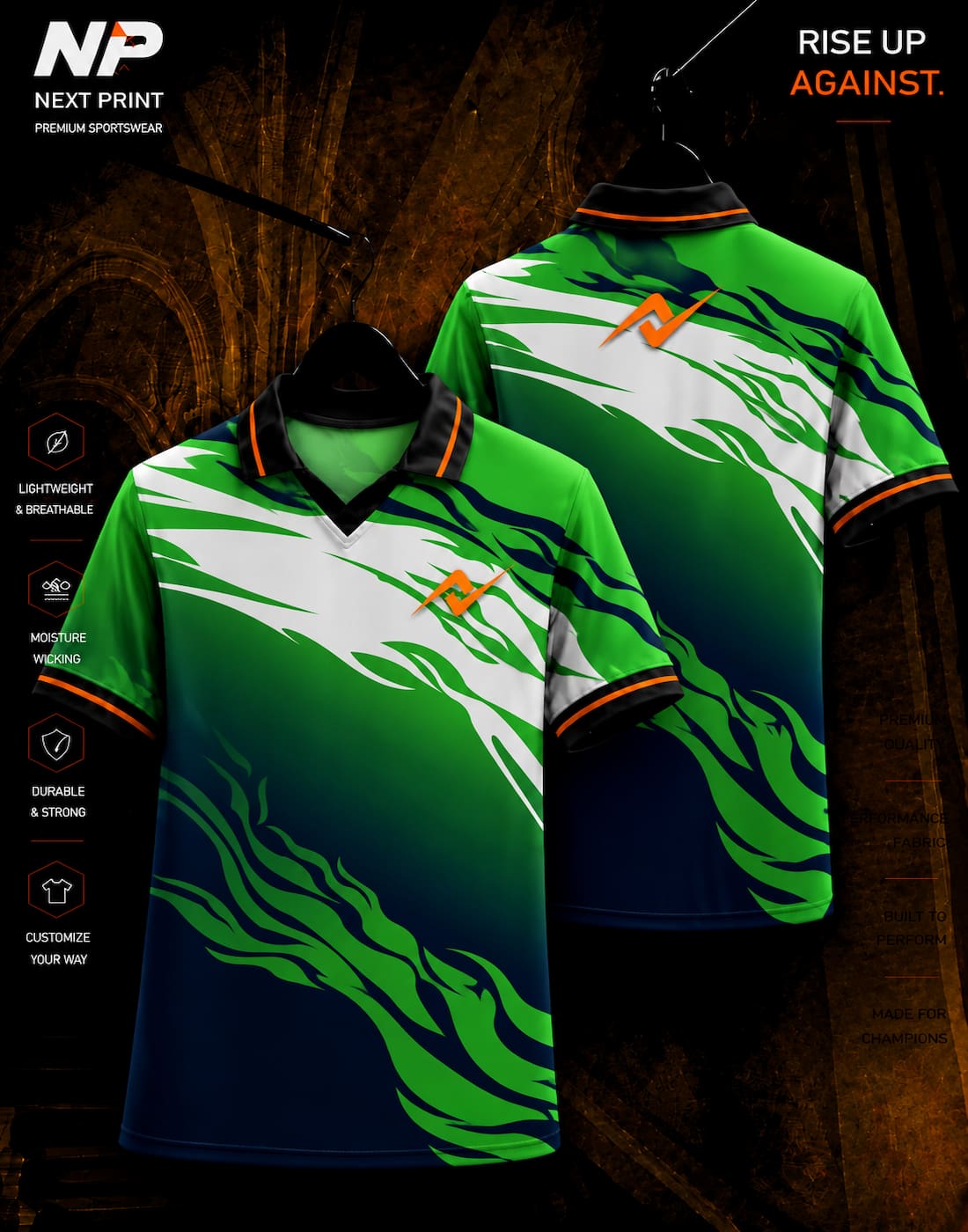 Green Flame Energy custom sublimation polo sports jersey in green, navy blue and white by Next Print
