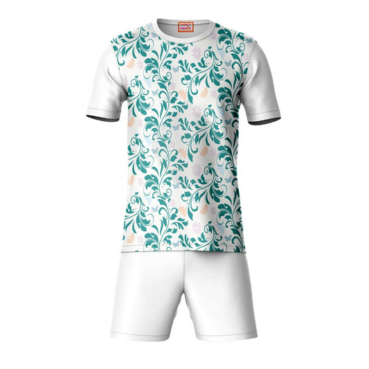 Green floral pattern sports t-shirt with white shorts coord set front view for men