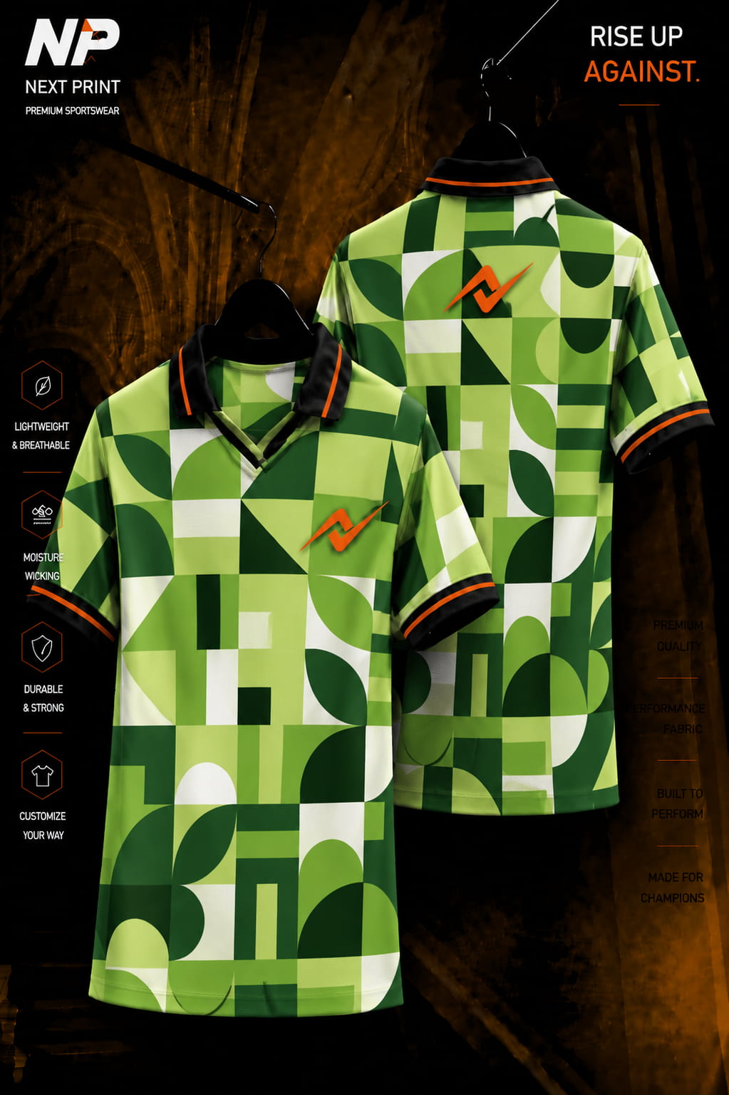 Green geometric abstract sublimation polo sports jersey with front and back view by Next Print