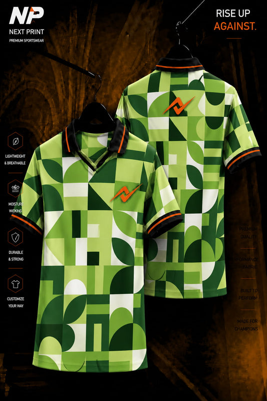 Green geometric abstract sublimation polo sports jersey with front and back view by Next Print