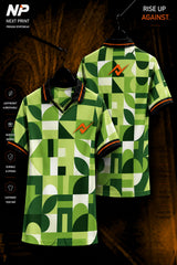 Green geometric abstract sublimation polo sports jersey with front and back view by Next Print
