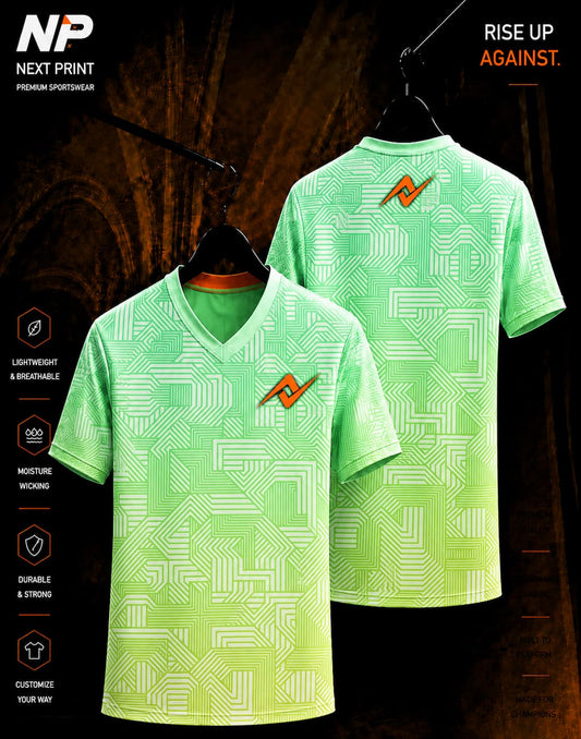 Green geometric line pattern sublimation V-neck custom sports jersey front and back by Next Print