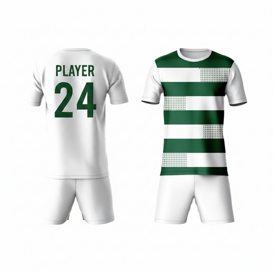Green grey striped activewear t-shirt with white shorts back view