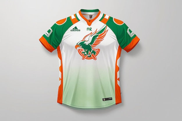 A Green Orange and White Jersey with the Logo of an Eagle on It