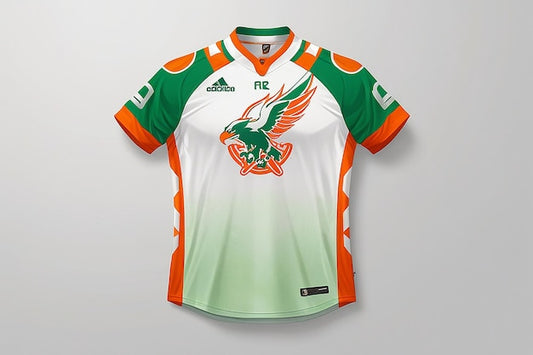 A Green Orange and White Jersey with the Logo of an Eagle on It
