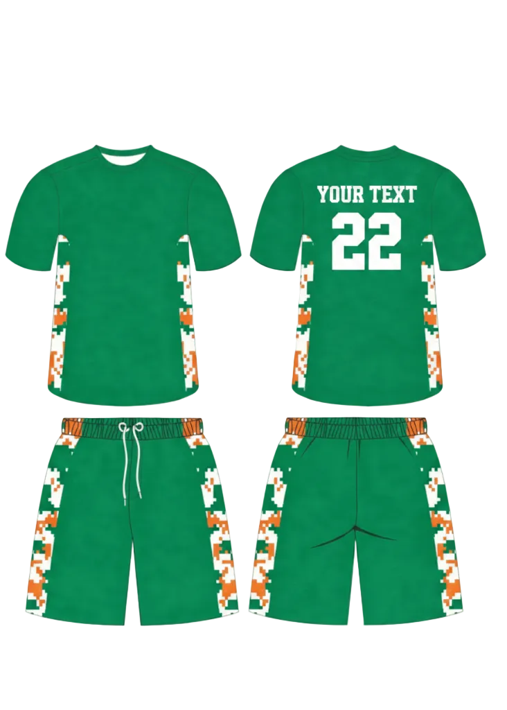 Green custom sports jersey with pixel camouflage side panels and matching shorts front and back view team uniform design
