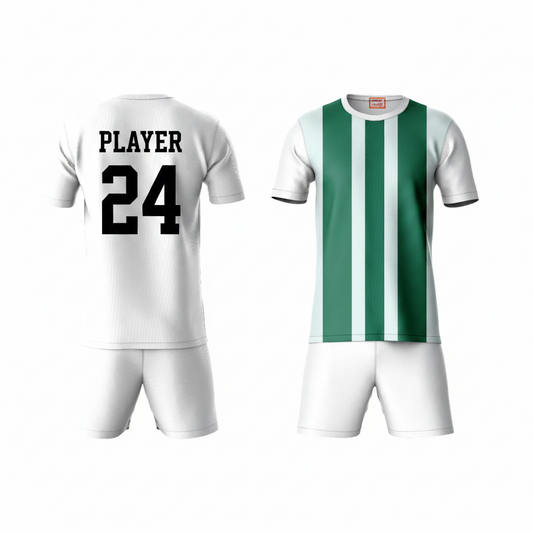 Green stripe activewear t-shirt with white shorts back view
