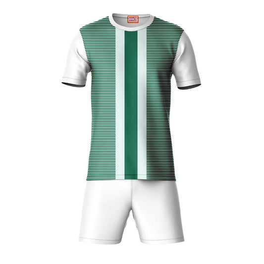 Green stripe sports t-shirt with white shorts co-ord set front view