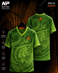 Green tribal swirl sublimation V-neck sports jersey front and back mockup by Next Print