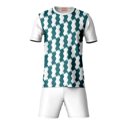 Green white pattern sports t-shirt with white shorts coord set front view for men