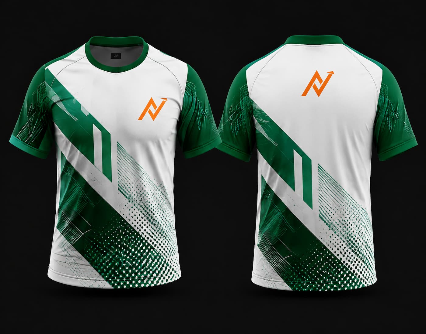 Front and back view of a premium green and white round neck cricket jersey featuring geometric diagonal graphics with green sleeves and orange chest and back logos.