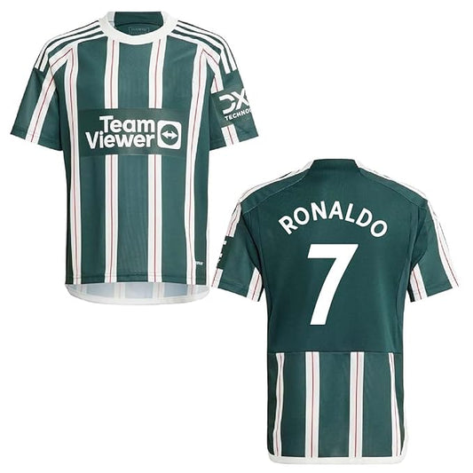 Front and back view of a green and white striped football jersey with a round neck collar and customizable name and number, designed for soccer teams, training, and match-day performance.
