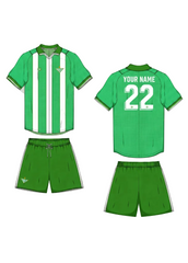 Green and white striped football jersey with matching shorts front and back view custom sports team uniform design