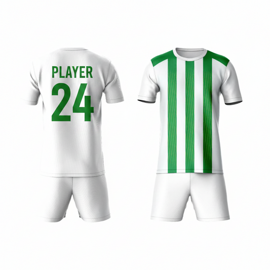 Green white vertical striped activewear t-shirt with white shorts back view