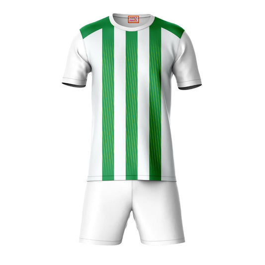 Green white vertical striped sports t-shirt with white shorts co-ord set front view
