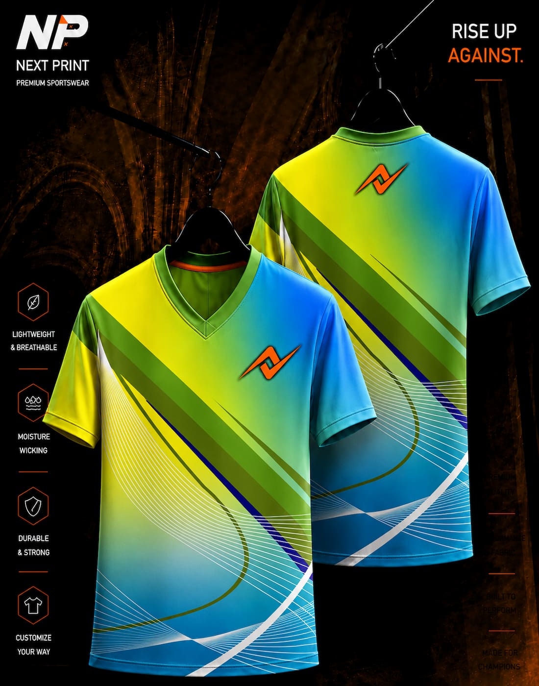 Green yellow and blue abstract wave sublimation V-neck sports jersey front and back view by Next Print