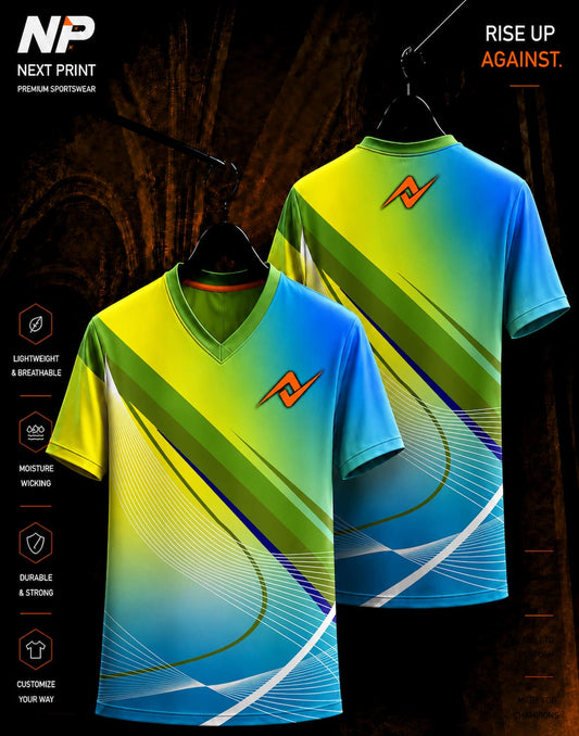 Green yellow and blue abstract wave sublimation V-neck sports jersey front and back view by Next Print