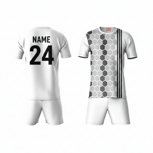 Grey black hexagon geometric pattern activewear t-shirt with white shorts back view