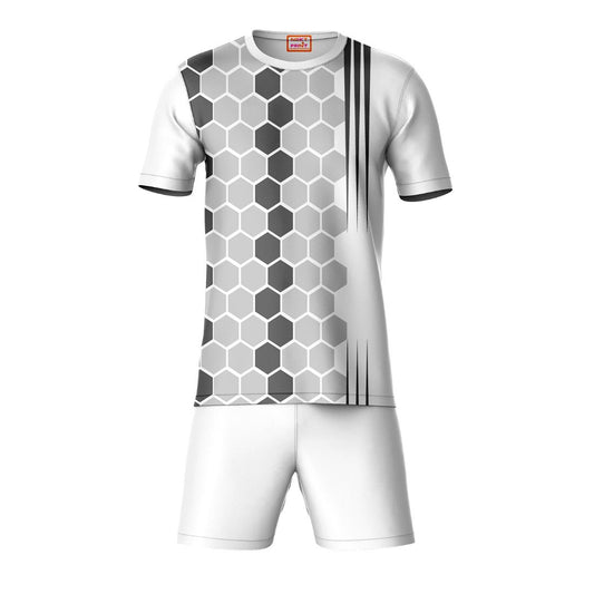 Grey black hexagon geometric pattern sports t-shirt with white shorts co-ord set front view
