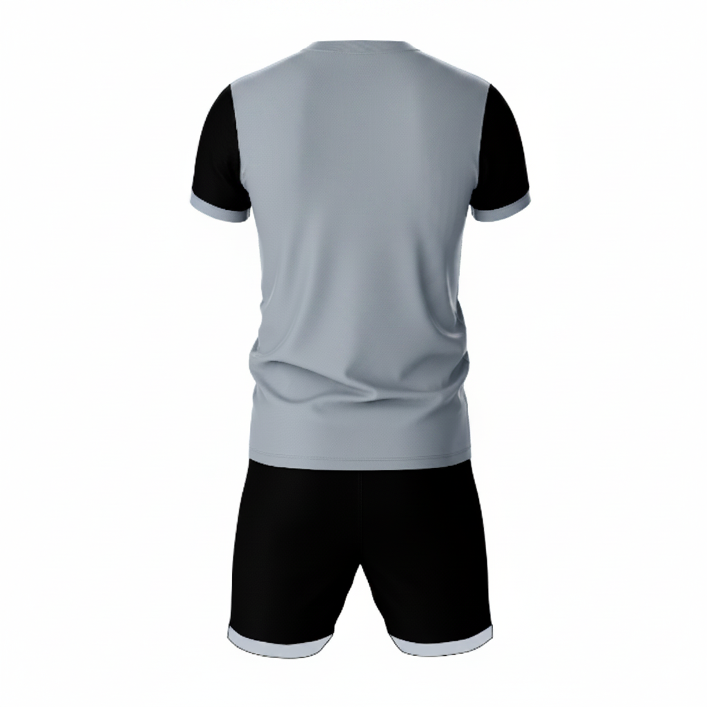 Premium grey black sportswear jersey and shorts set side angle view