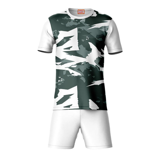 Grey green camouflage sports t-shirt with white shorts co-ord set front view