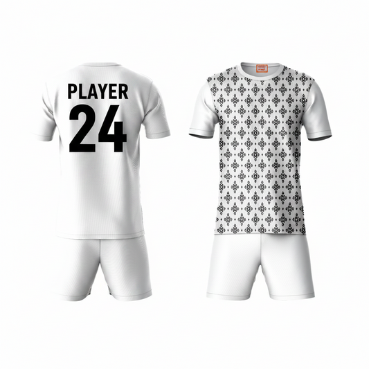 Grey patterned activewear t-shirt with white shorts back view