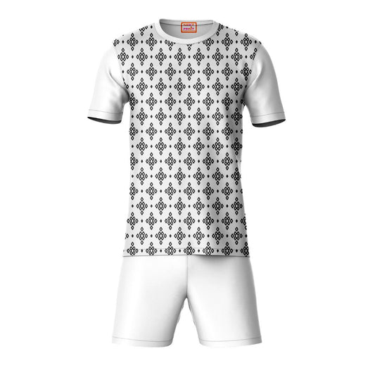 Grey patterned sports t-shirt with white shorts co-ord set front view