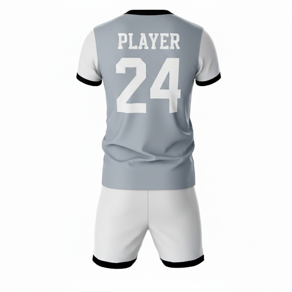 Grey athletic sports jersey with white shorts back side view