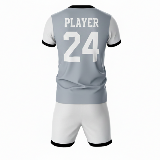 Grey athletic sports jersey with white shorts back side view