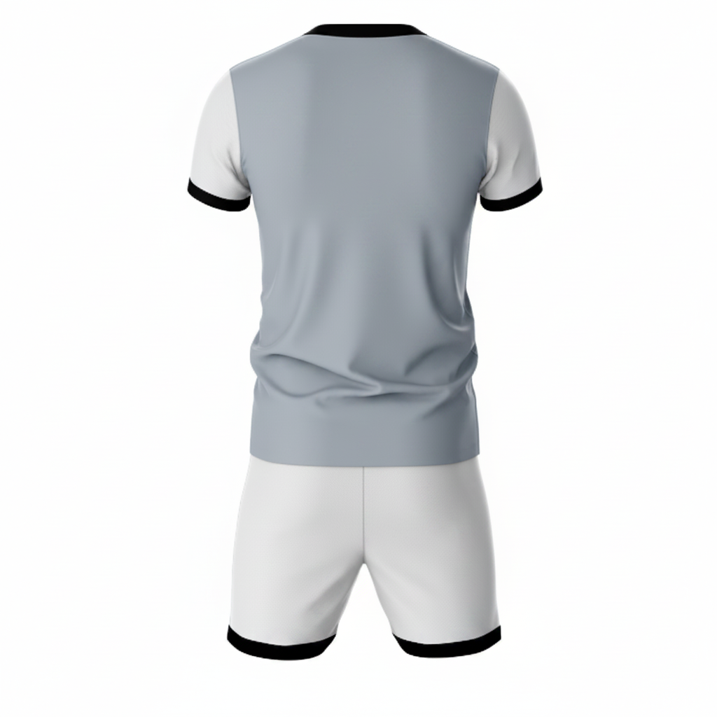 Premium grey sportswear jersey and white shorts set side angle view