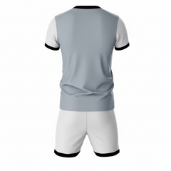 Premium grey sportswear jersey and white shorts set side angle view