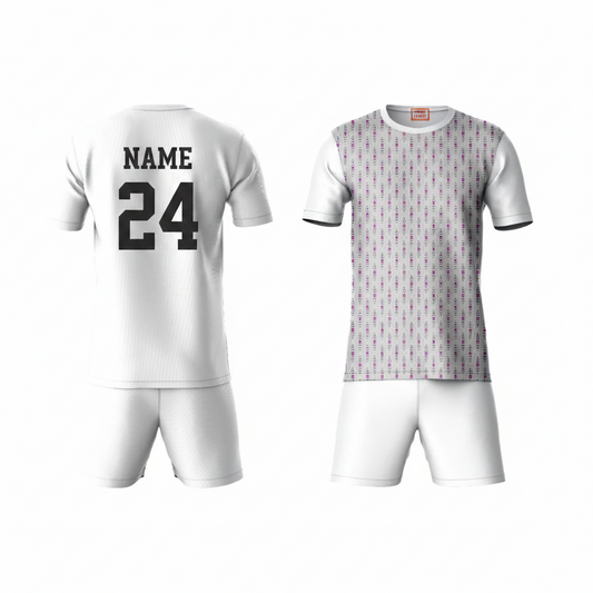 Grey white activewear t-shirt with white shorts back view