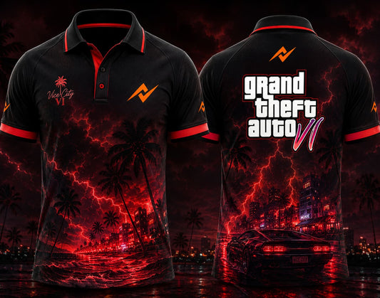 Front and back view of GTA VI Crimson Tide premium polo collar gaming jersey featuring red storm graphics, city skyline artwork, and logos on front chest and back neck.