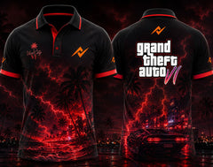 Front and back view of GTA VI Crimson Tide premium polo collar gaming jersey featuring red storm graphics, city skyline artwork, and logos on front chest and back neck.