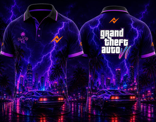 Front and back view of GTA VI Electric Sky premium polo collar gaming jersey featuring neon city skyline, lightning effects, palm trees, supercar artwork, front chest logo, and back neck logo placement.