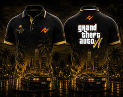Front and back view of GTA VI Midnight Vibe premium polo collar gaming jersey featuring black and gold Vice City skyline artwork, palm trees, retro sports car graphics, front chest logo, and back neck logo placement.