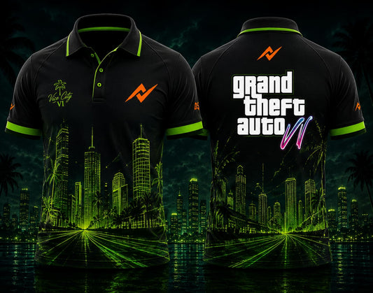 Front and back view of GTA VI Night Runner Polo Collar Jersey Design #14 featuring neon green Vice City skyline graphics with chest logo and back neck logo.