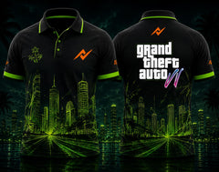 Front and back view of GTA VI Night Runner Polo Collar Jersey Design #14 featuring neon green Vice City skyline graphics with chest logo and back neck logo.
