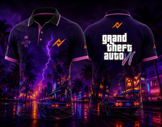 Front and back view of GTA VI Ocean Drive Polo Collar Jersey Design #15 featuring neon Vice City street artwork with front chest logo and back neck logo.