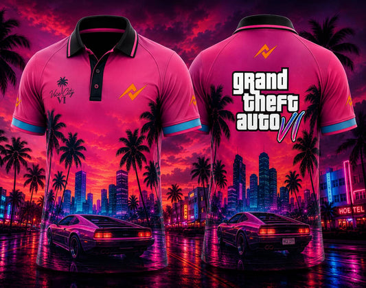 Front and back view of GTA VI Paradise City premium polo collar gaming jersey featuring neon pink Vice City skyline, palm trees, retro sports car artwork, front chest logo, and back neck logo placement.