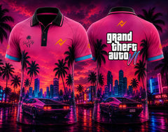 Front and back view of GTA VI Paradise City premium polo collar gaming jersey featuring neon pink Vice City skyline, palm trees, retro sports car artwork, front chest logo, and back neck logo placement.
